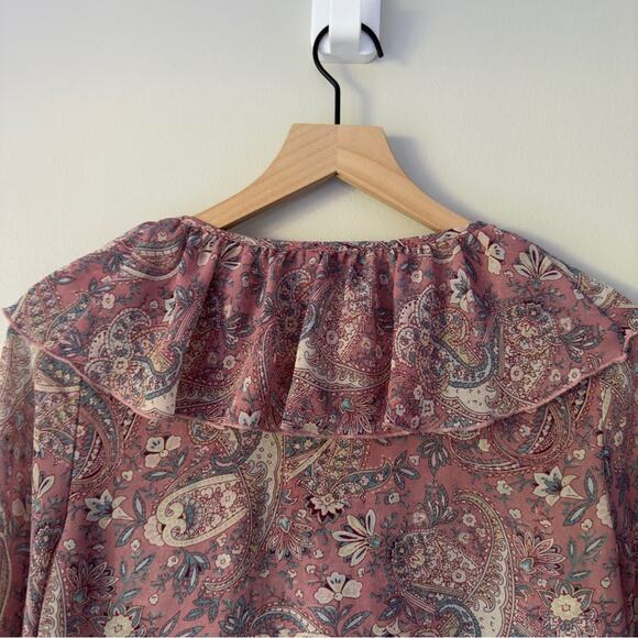 Show Me Your MuMu Sheer Long Sleeve Peasant Top Floral Paisley Lace Up Neckline - Picture 9 of 13